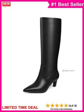 Women's Kitten Heel Knee High Boots Pointed Toe Faux Leather Tall Boots